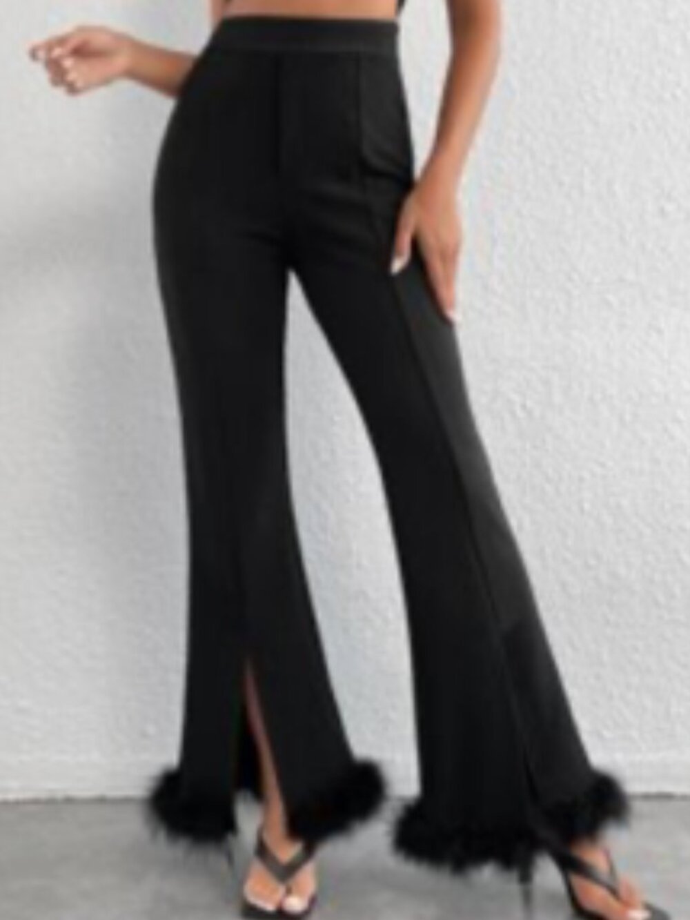 Shein Black Feather Trim Front Seam Front Slit Stretch Crepe Pant - Picture 1 of 10